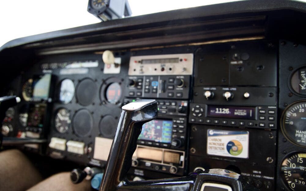 Inside of a small airplane cockpit