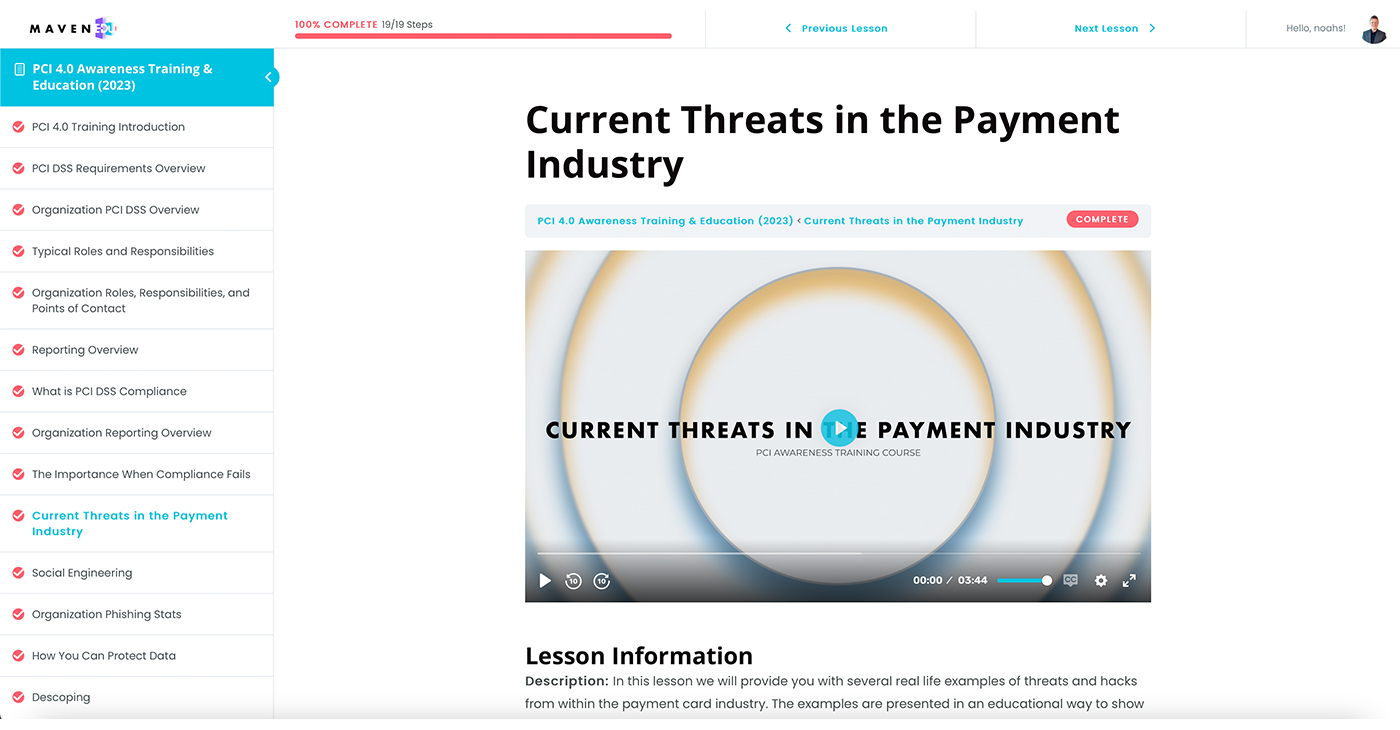 Screenshot of Maven PCI's PCI 4.0 Awareness Training & Education Course